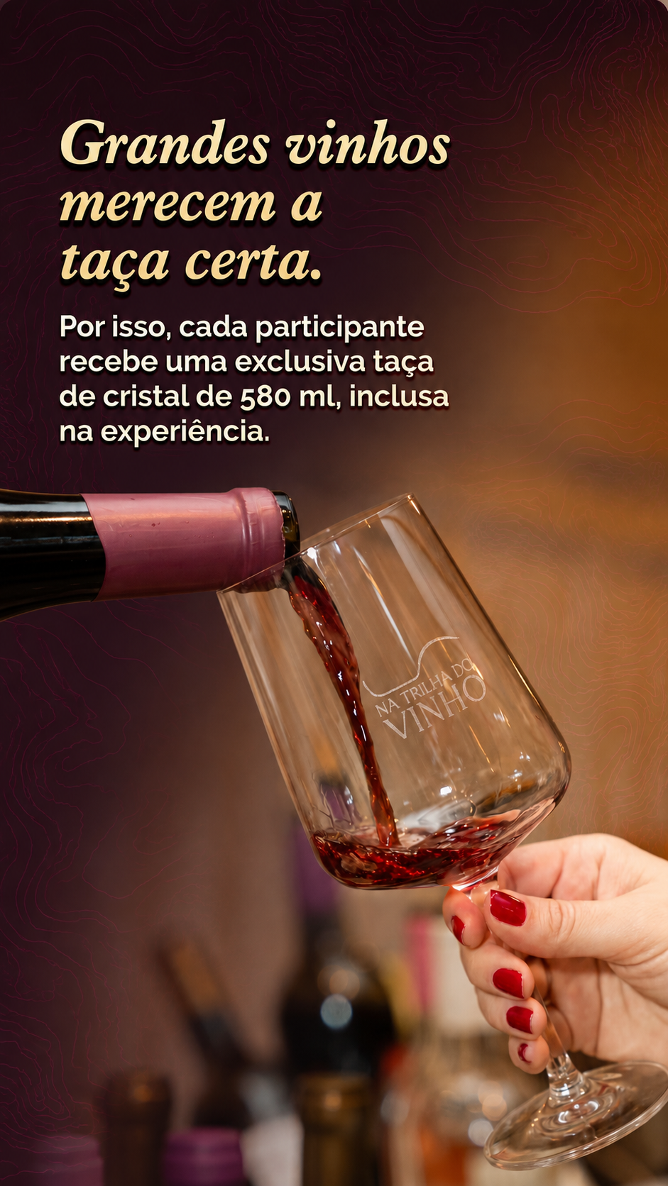Grandes vinhos merecem a taça certa. Taça de cristal de 580 ml incluída na experiência Na Trilha do Vinho.